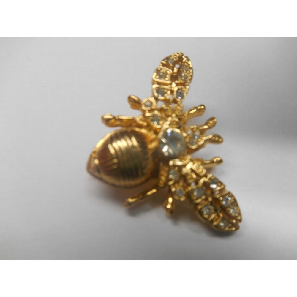 Vintage Gold Tone White Rhinestone Classic Bee Brooch